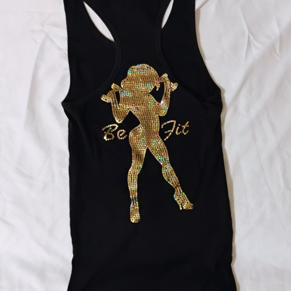 Bella Medium Black Racerback Tank Top Be Fit Apparel Gold Rhinestone Workout Gym